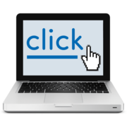 A picture of a laptop which displays the word 'Click'
