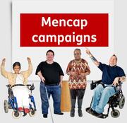 A group of people with learning disabilities cheering under a sign which says Mencap campaigns