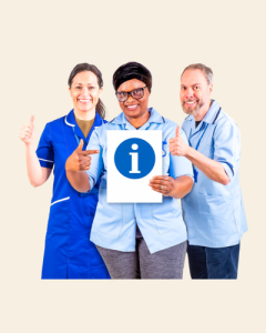 Two healthcare workers standing either side of a woman holding up an information sign. All have their thumbs up.