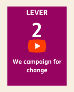 An image with a YouTube play button on it. On the image it says Lever 2 We campaign for change