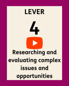 An image with a YouTube play button on it. On the image it says Lever 4 Researching and evaluating complex issues and opportunties
