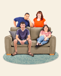 Four people around a sofa